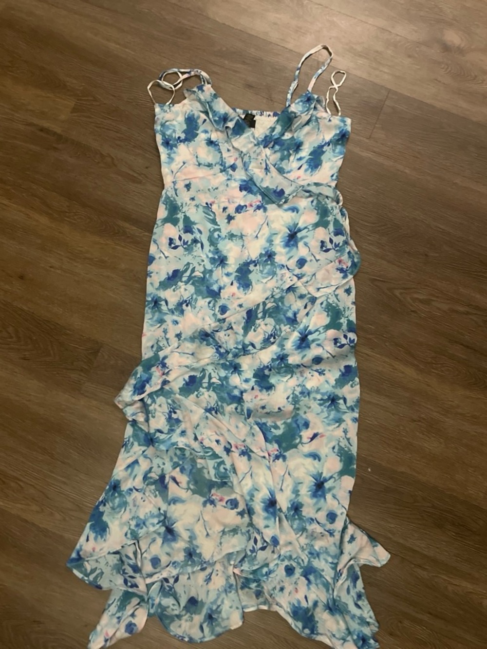 Floral Blue & White Ruffle Slip Dress